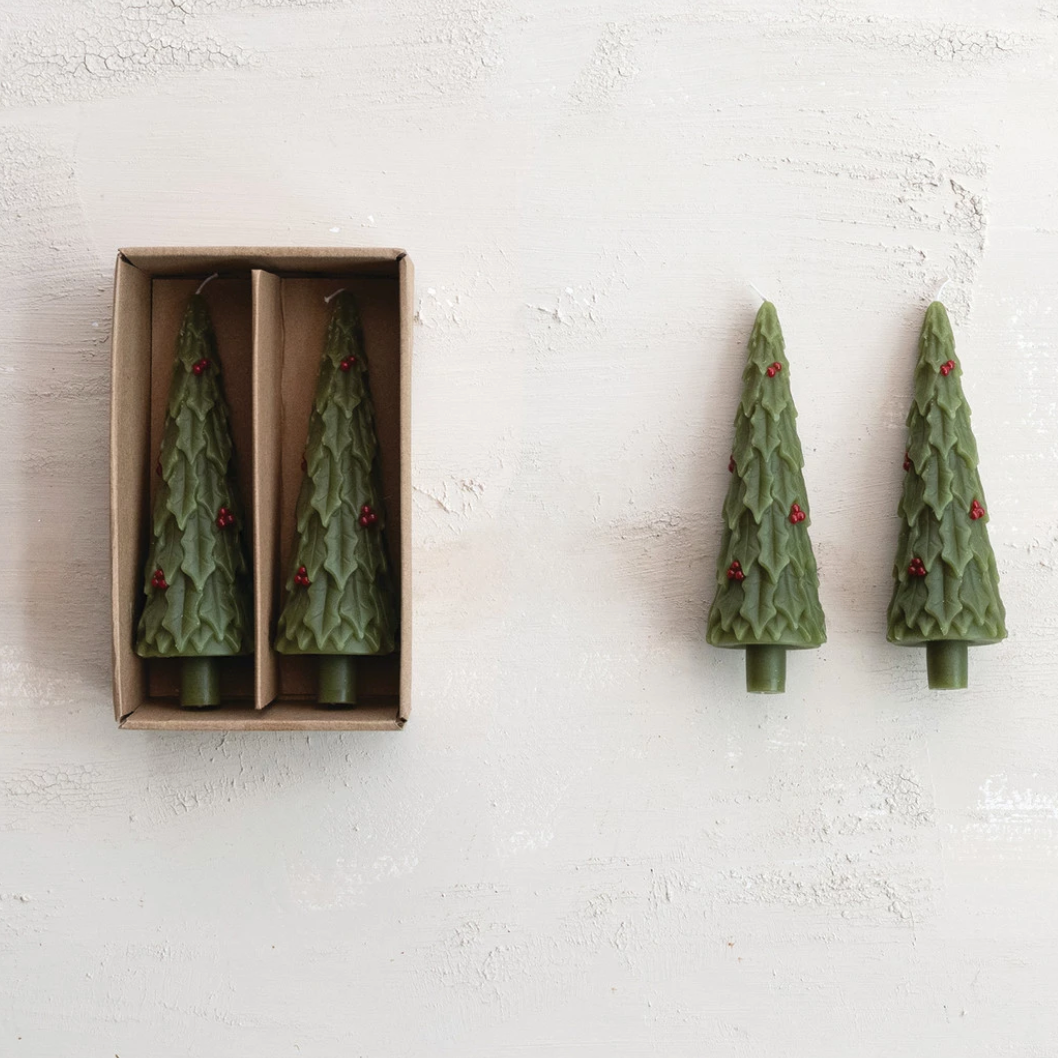 Tree Shaped Taper Candles in Box with Holly, Set of 2