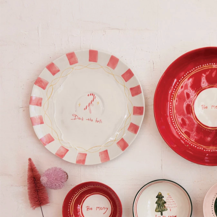 Hand-Painted Stoneware Plate with Candy Canes "Deck the Halls"