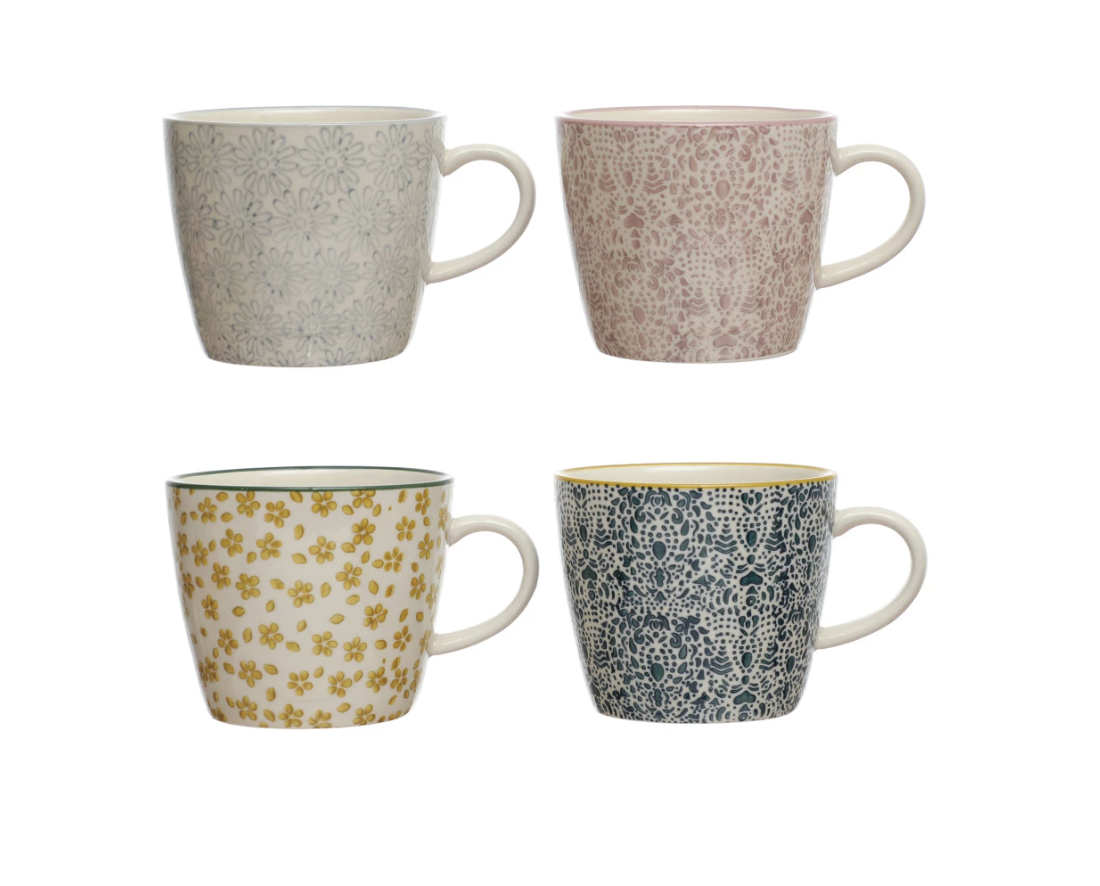 Hand-Stamped Stoneware Mug with Pattern, 10 oz