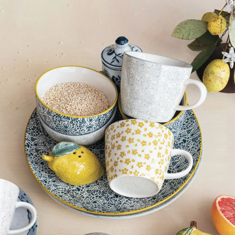 Hand-Stamped Stoneware Mug with Pattern, 10 oz