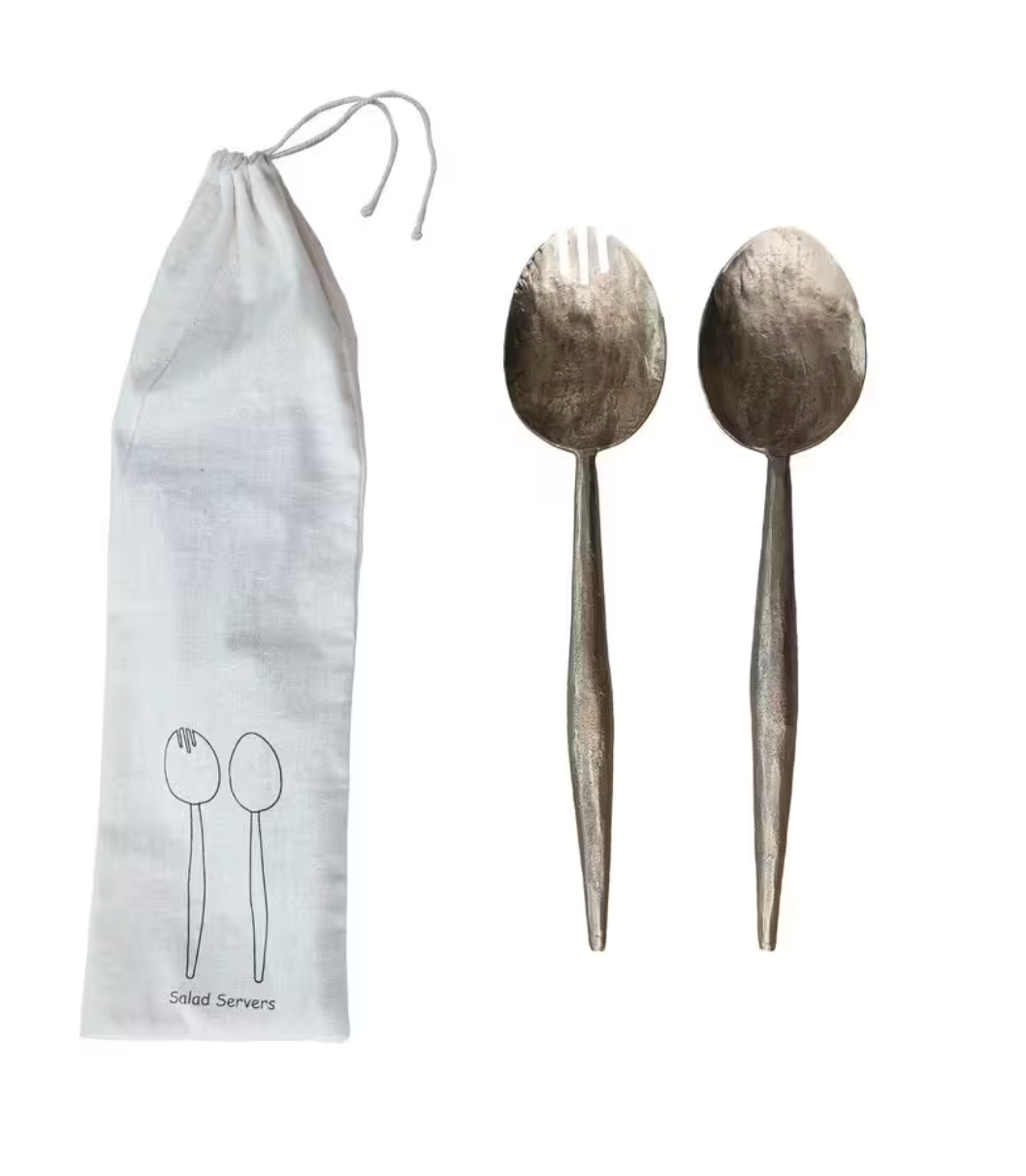 Hand-Forged Metal Salad Servers, Set of 2 in Drawstring Bag