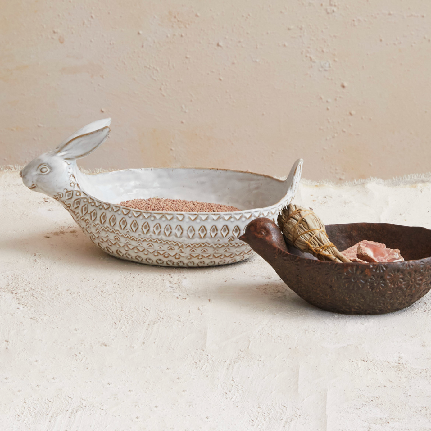 Debossed Stoneware Rabbit Bowl