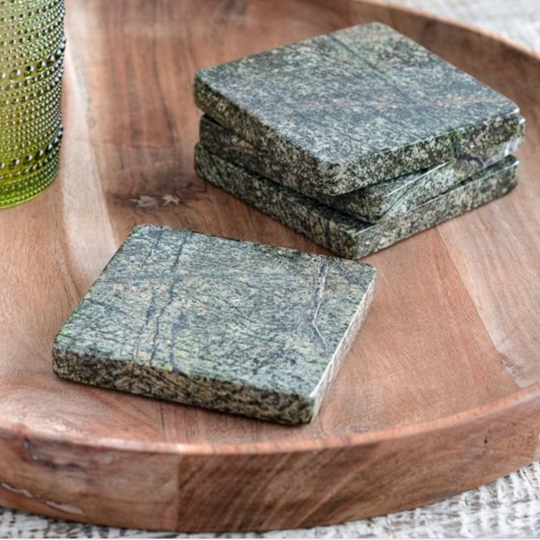 Green/Tan Marble Coasters - Set of 4