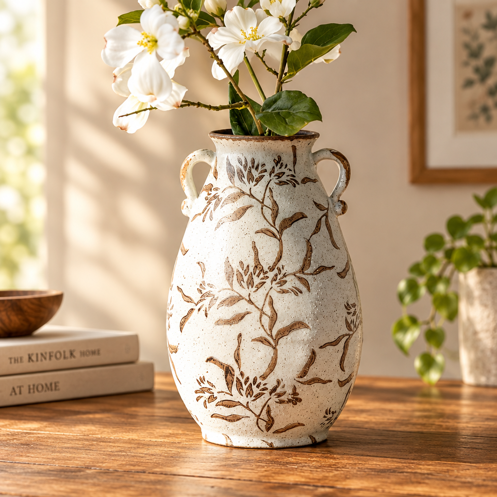 Leaf Pattern Vase with Handles