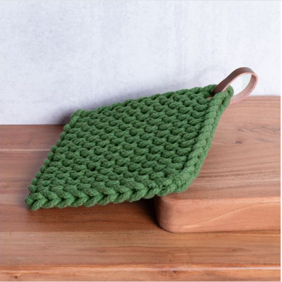 Leather Strap Knit Pot Holder