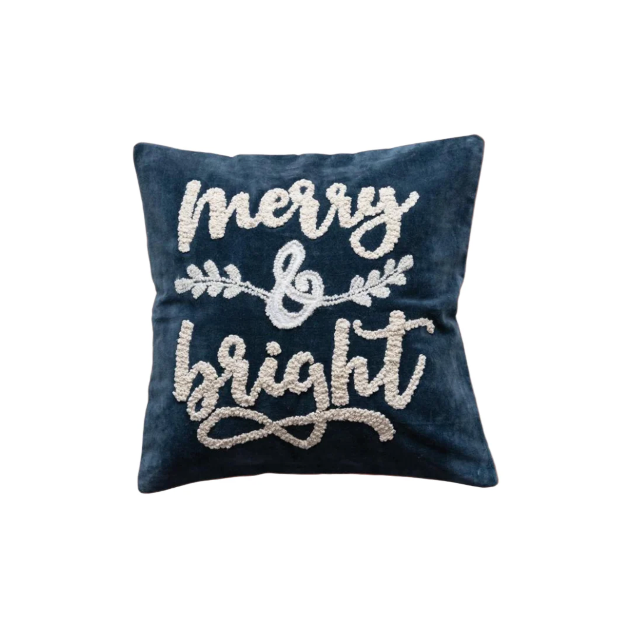 18" Square Cotton Velvet Pillow with Embroidered "Merry & Bright", Navy Color & White