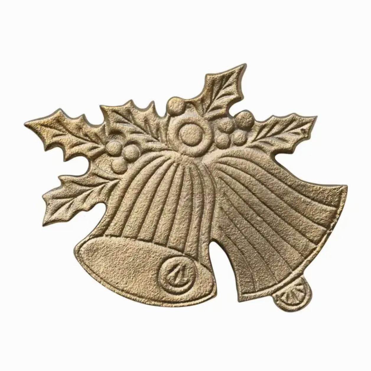 Cast Aluminum Holly & Bells Shaped Trivet, Gold Finish