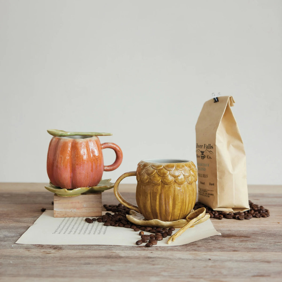 Stoneware Pumpkin Shaped Mug with Saucer & Spoon