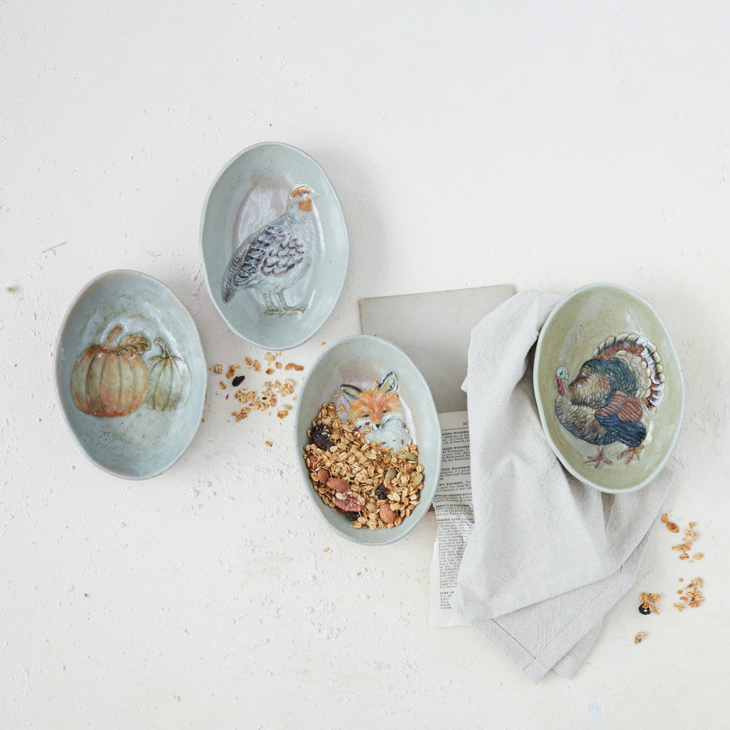 Hand-Painted Stoneware Dish with Animal/Pumpkins
