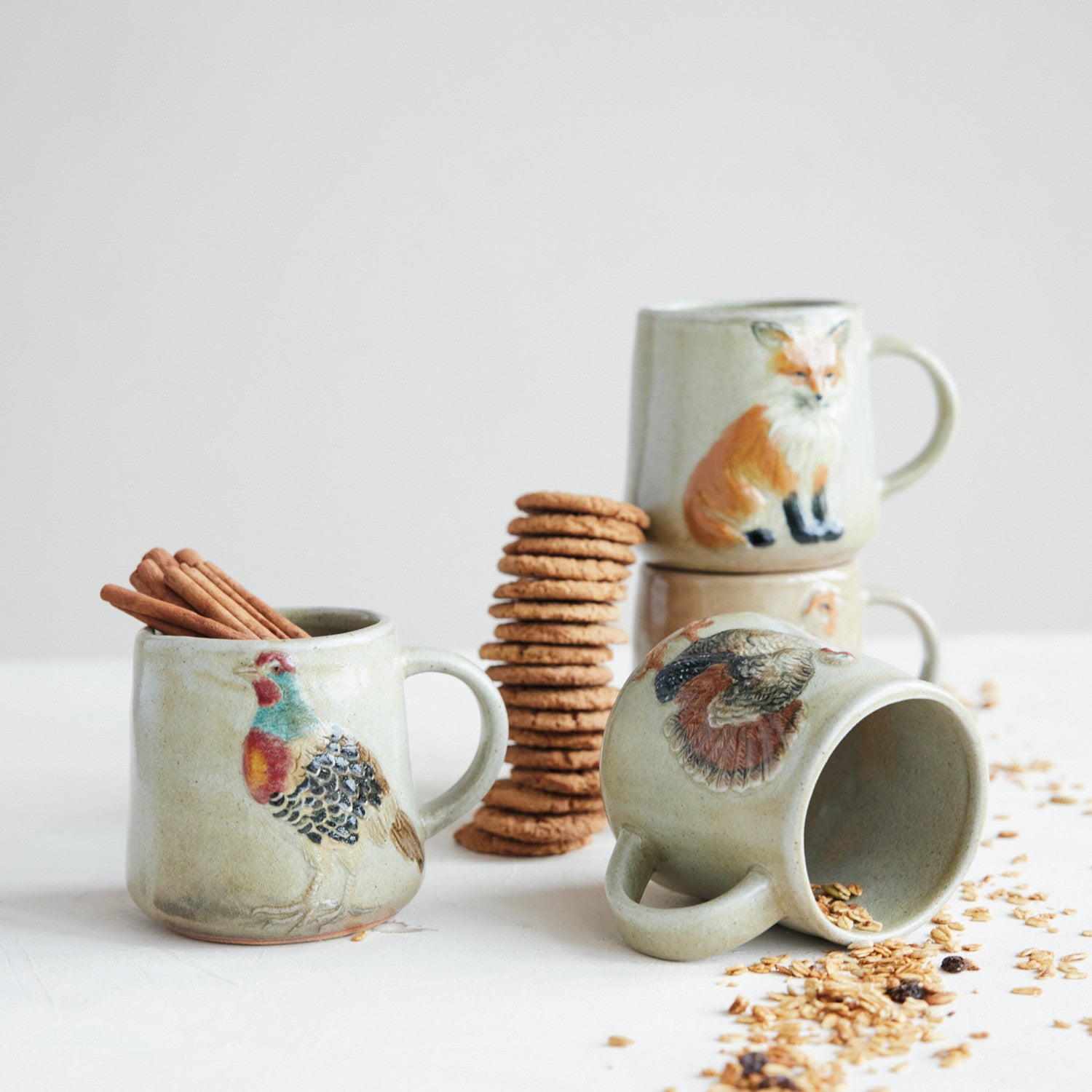 Hand-Painted Embossed Stoneware Mug with Animal