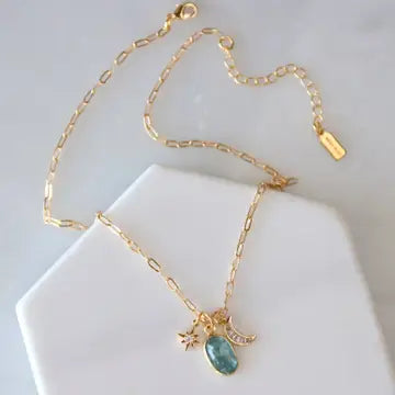 Kyanite Cz Moon and Star Charm Necklace