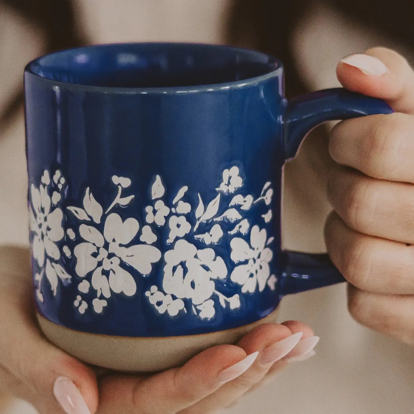Blue Floral Stoneware Coffee Mug