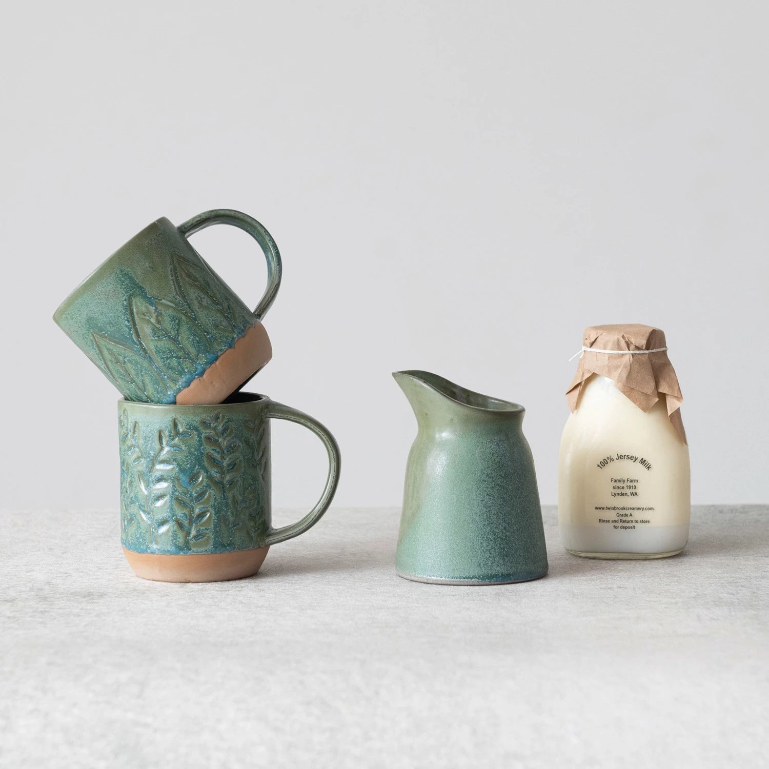 Green Debossed Stoneware Mug
