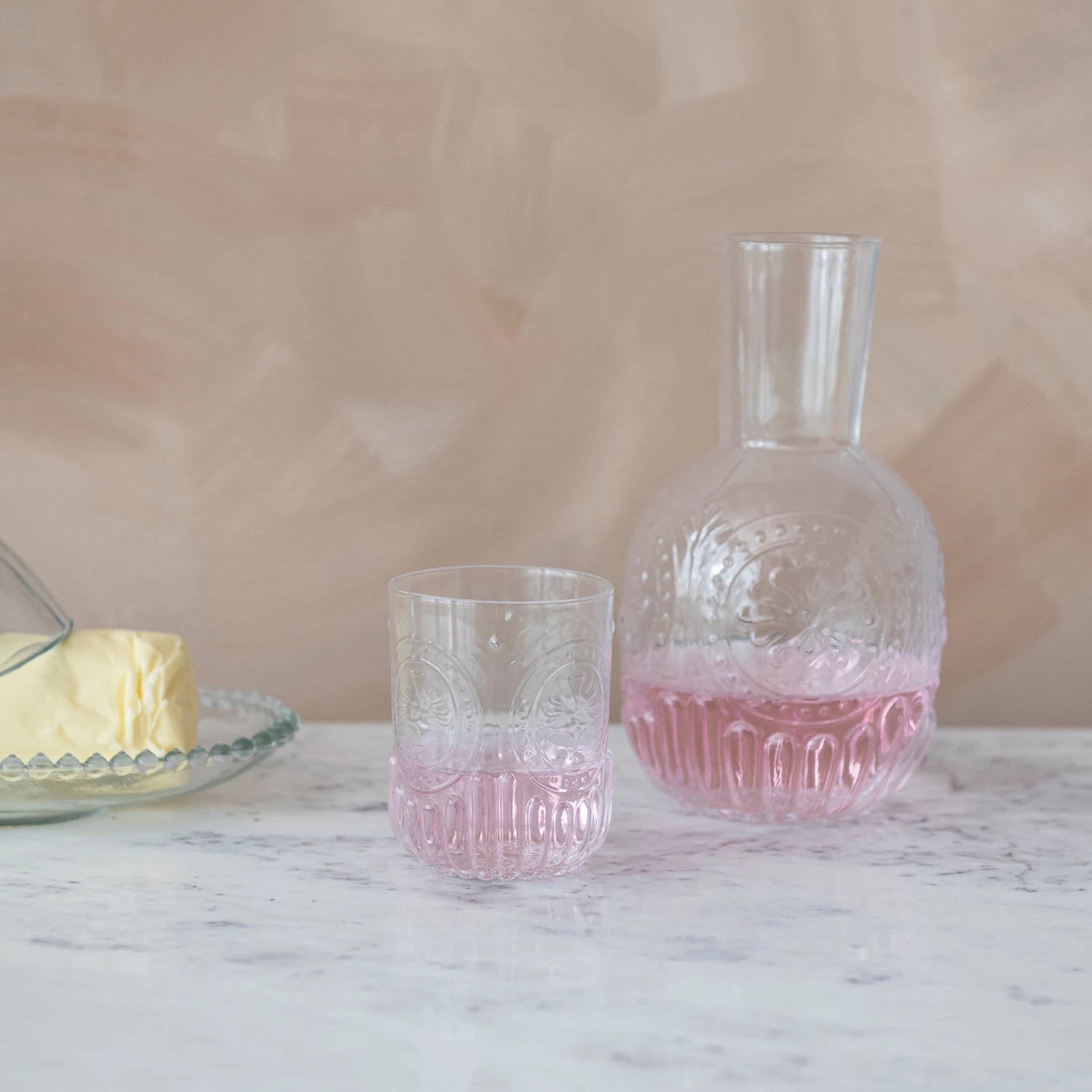 Embossed Glass Carafe with Embossed Drinking Glass