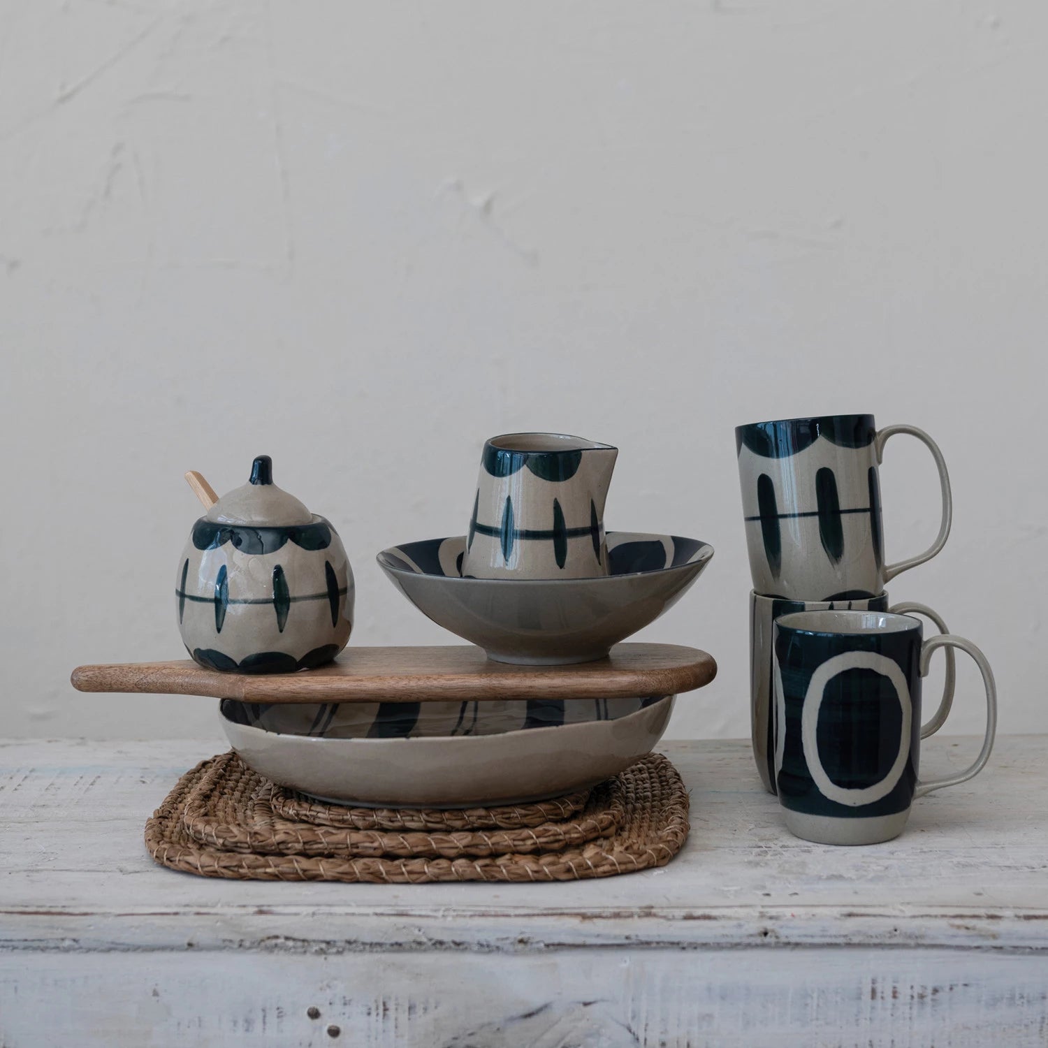 Hand-Painted Stoneware Serving Bowl with Stripes