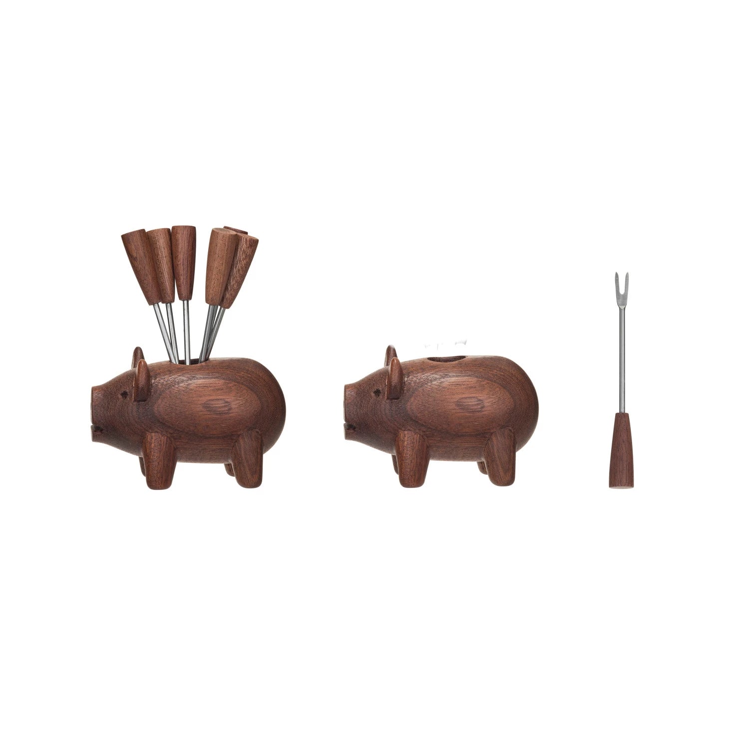 Sapele Wood Pig Shaped Holder with 6 Appetizer Forks