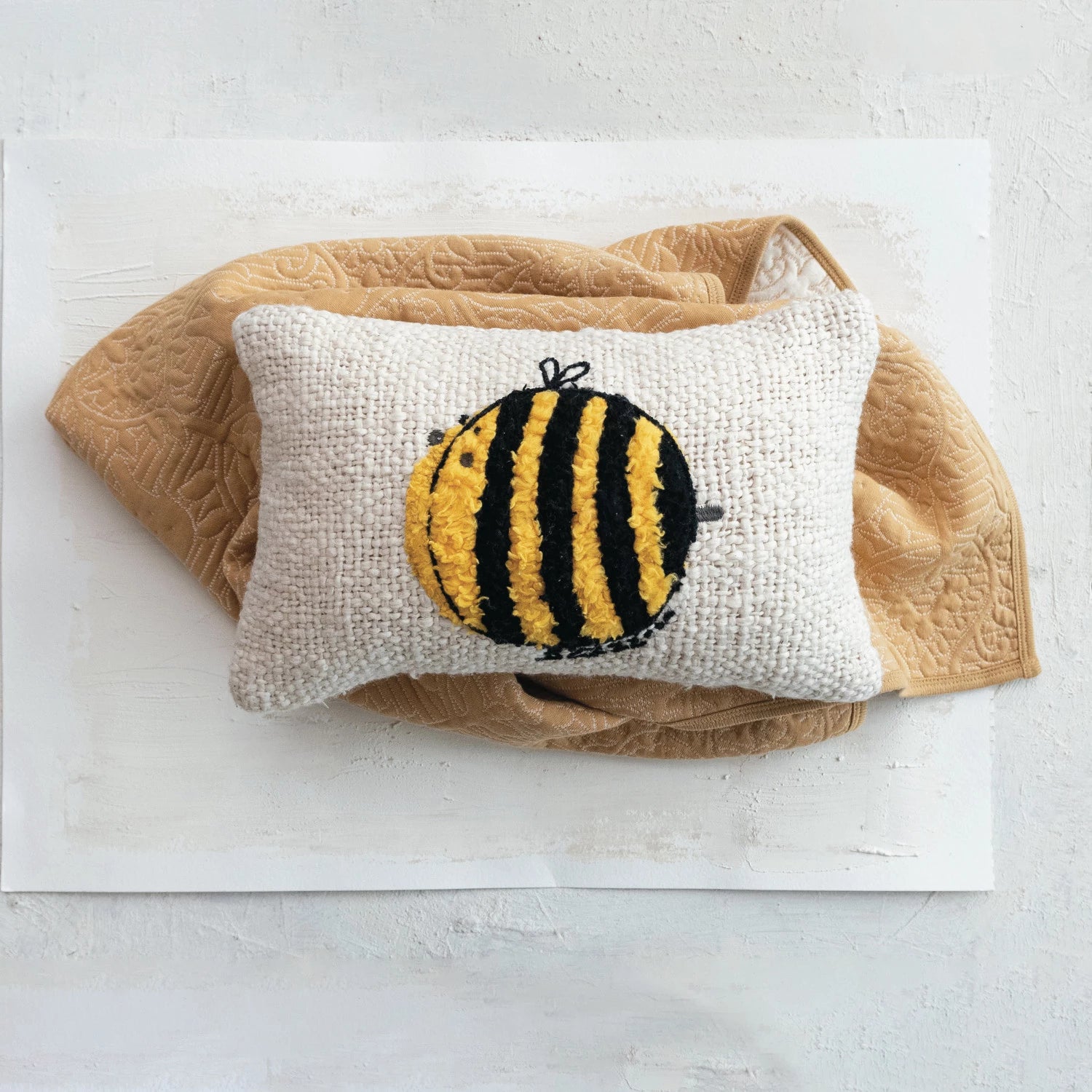 Cotton Slub Lumbar Pillow with Embroidered Tufted Bee
