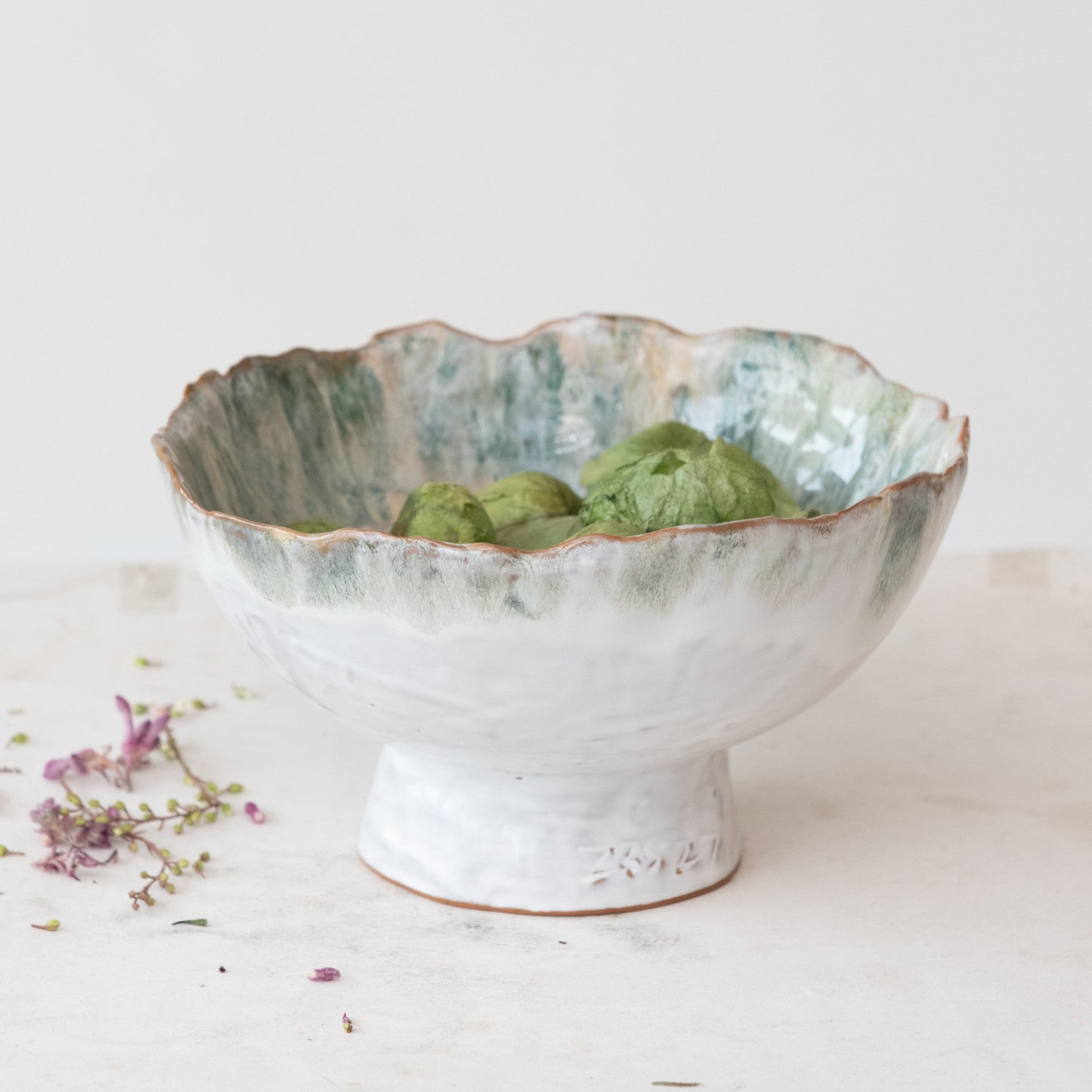 Stoneware Footed Bowl Green & Brown