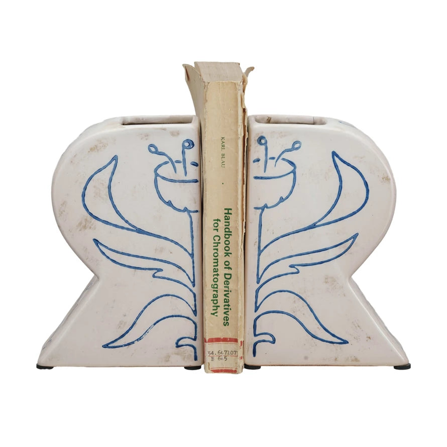 Terra-cotta Vases/Bookends with Hand-Painted Flower, Set of 2