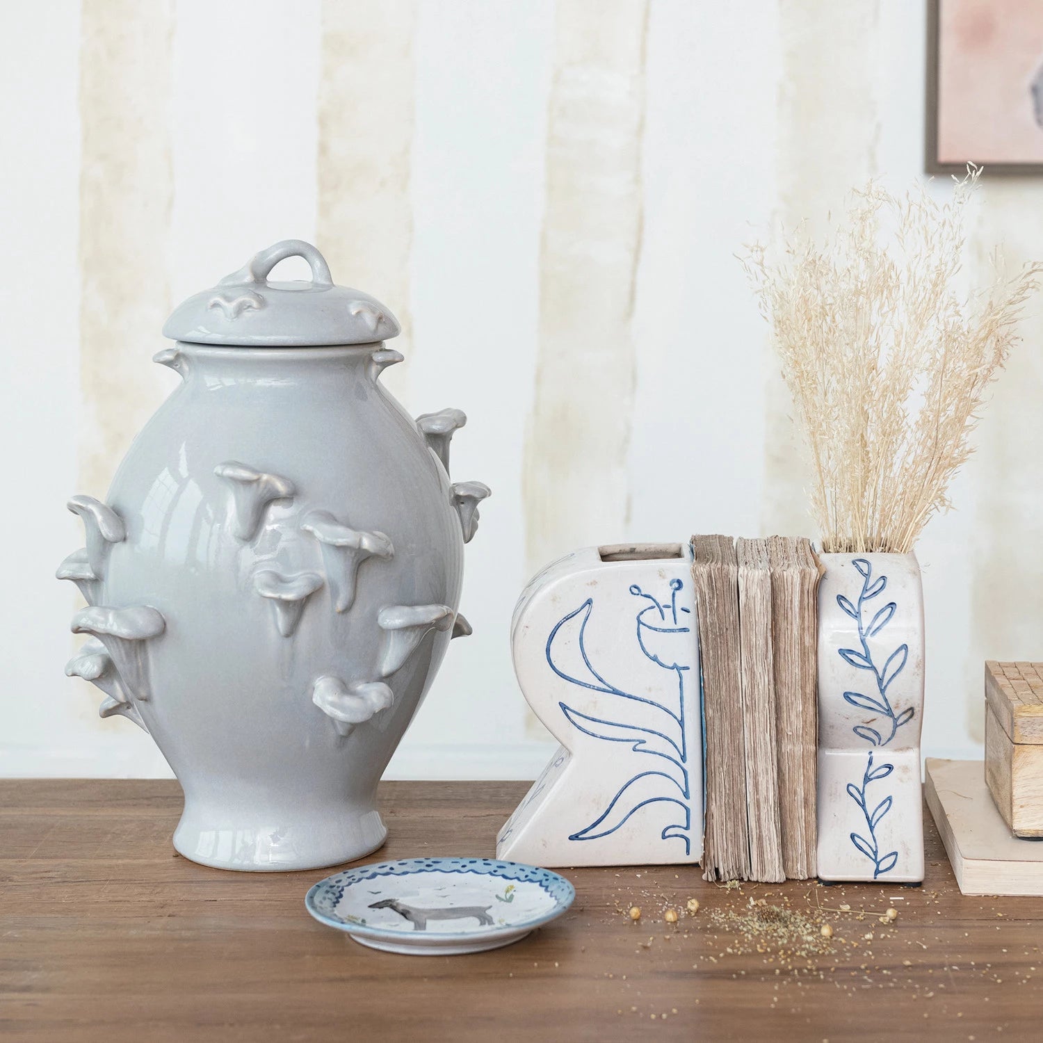 Terra-cotta Vases/Bookends with Hand-Painted Flower, Set of 2