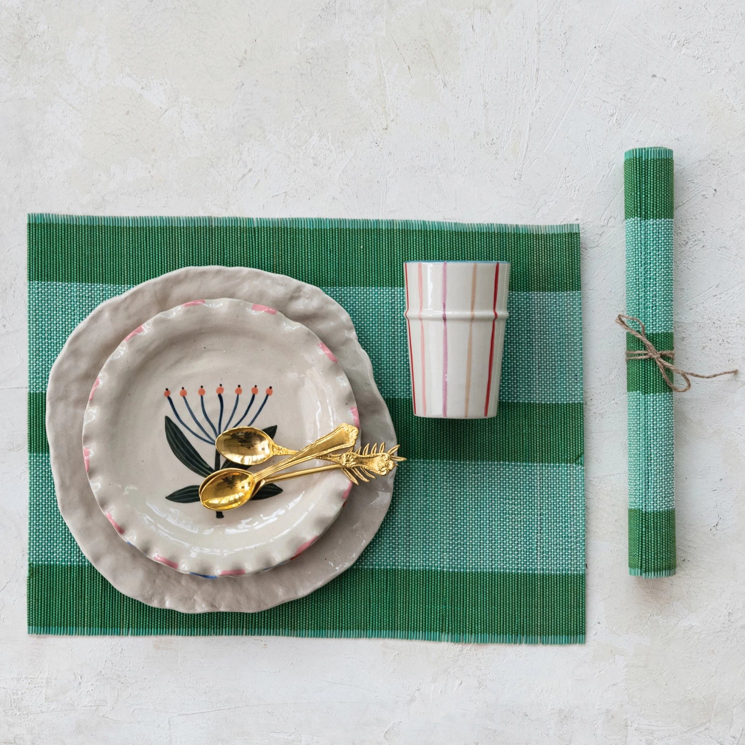 Hand-Woven Bamboo Placemat with Teal & Green Stripes