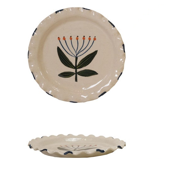 Hand-Painted Stoneware Plate with Ruffled Edge