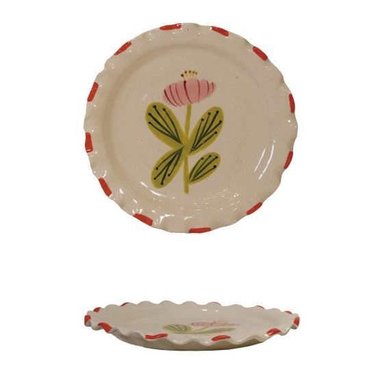 Hand-Painted Stoneware Plate with Ruffled Edge