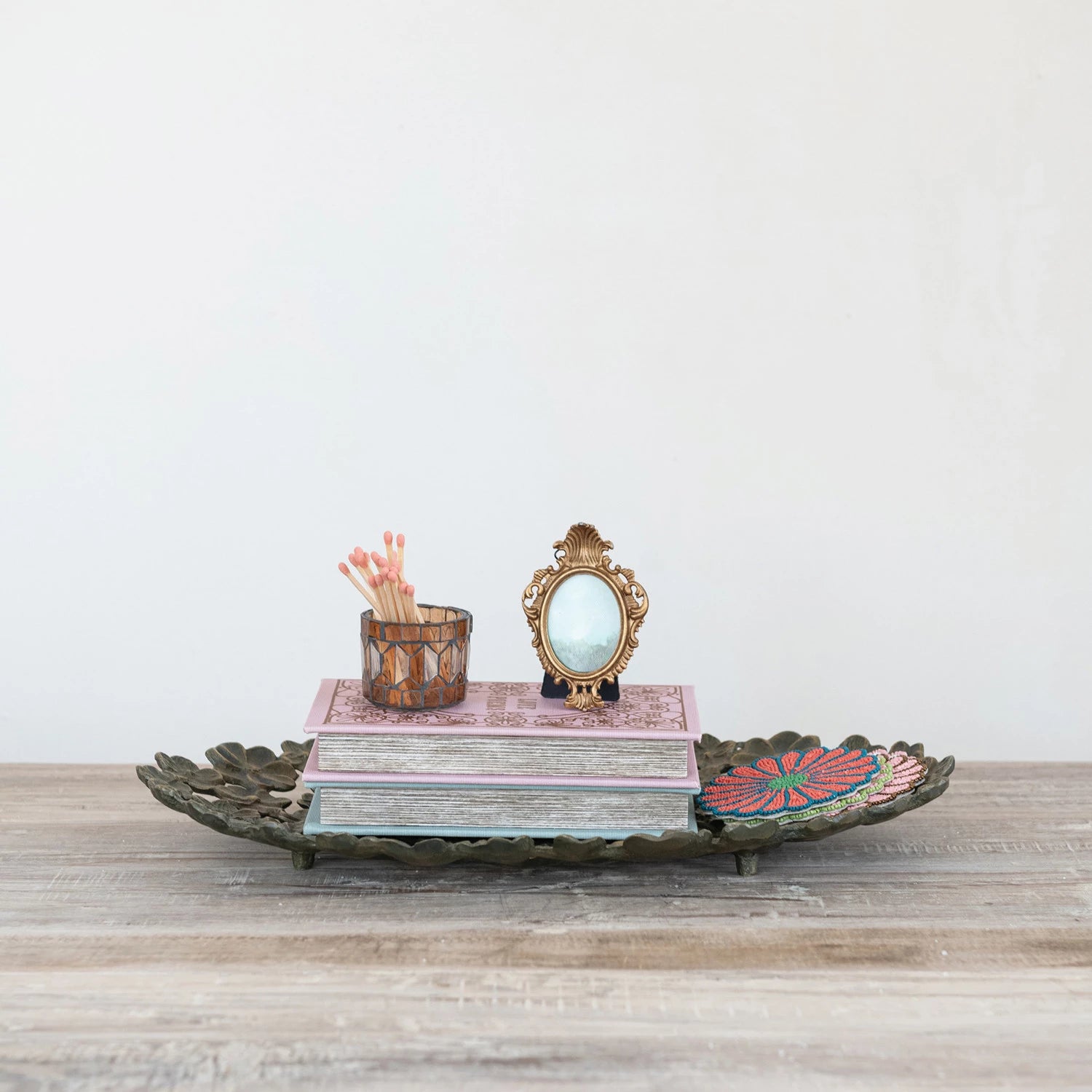Cast Aluminum Flower Tray with Cut-Outs, Antique Gold Finish