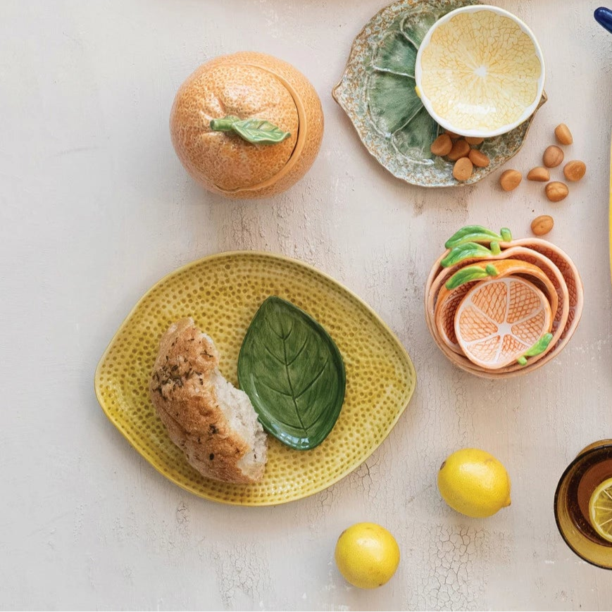 Stoneware Lemon Shaped Platter with Leaf Shaped Dish, Set of 2