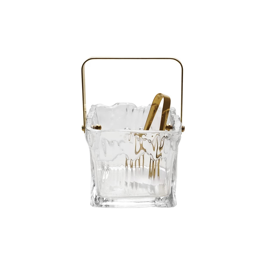 Textured Glass Ice Bucket with Ice Tongs
