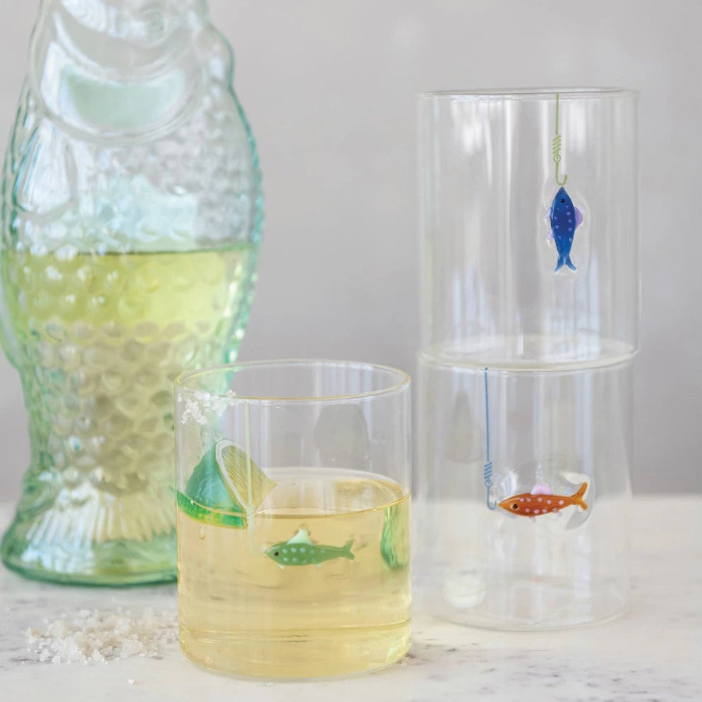 Hand-Blown Drinking Glass with Fish On Hook