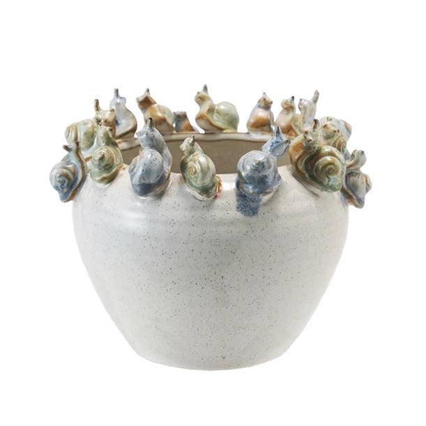 Stoneware Planter with 3D Snails on Rim