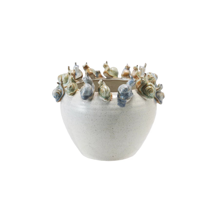 Stoneware Planter with 3D Snails on Rim