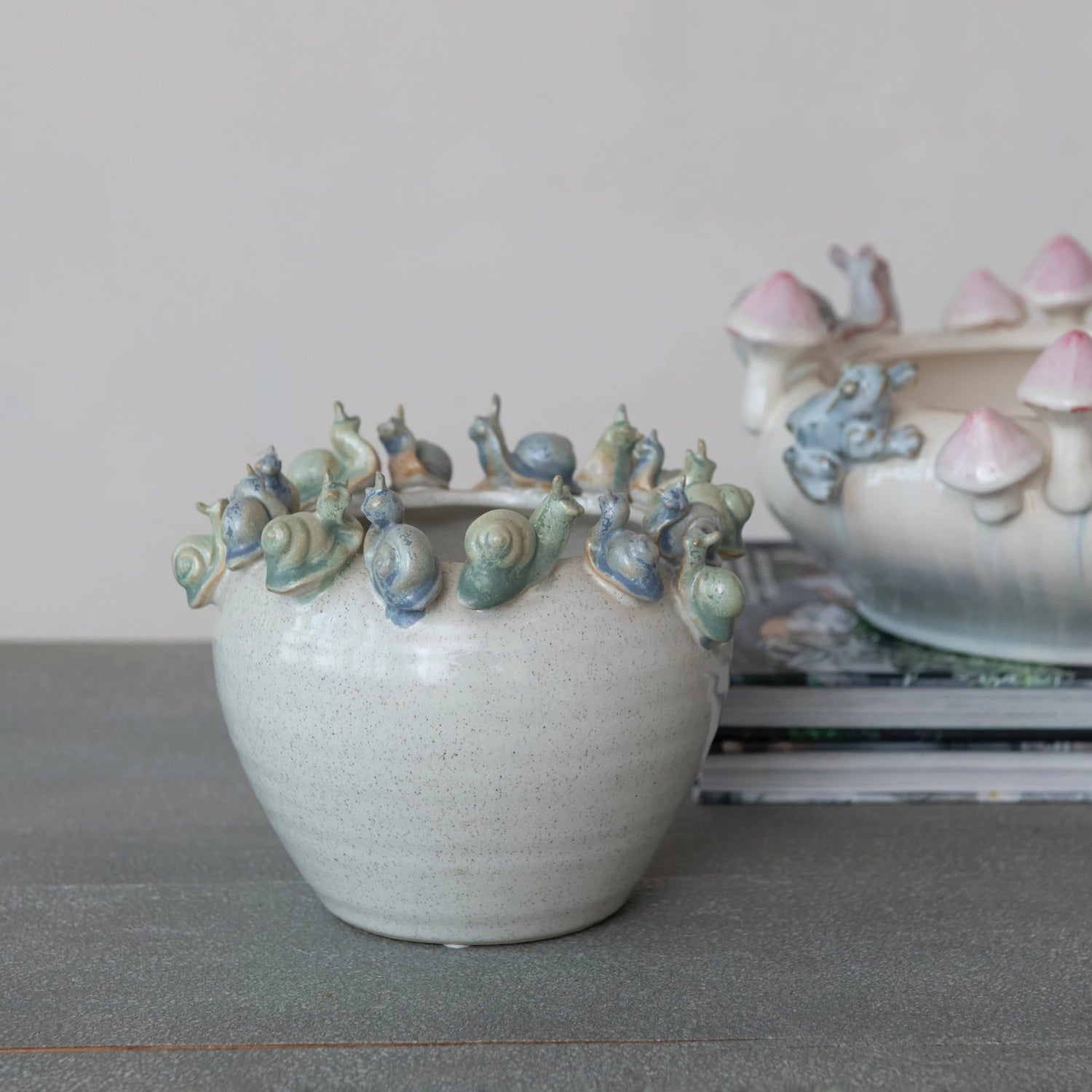 Stoneware Planter with 3D Snails on Rim