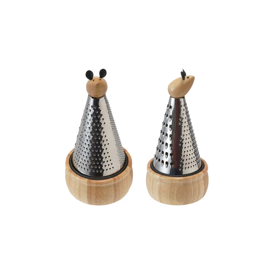 Stainless Steel 3-Sided Grater with Mouse Handle & Rubberwood Base
