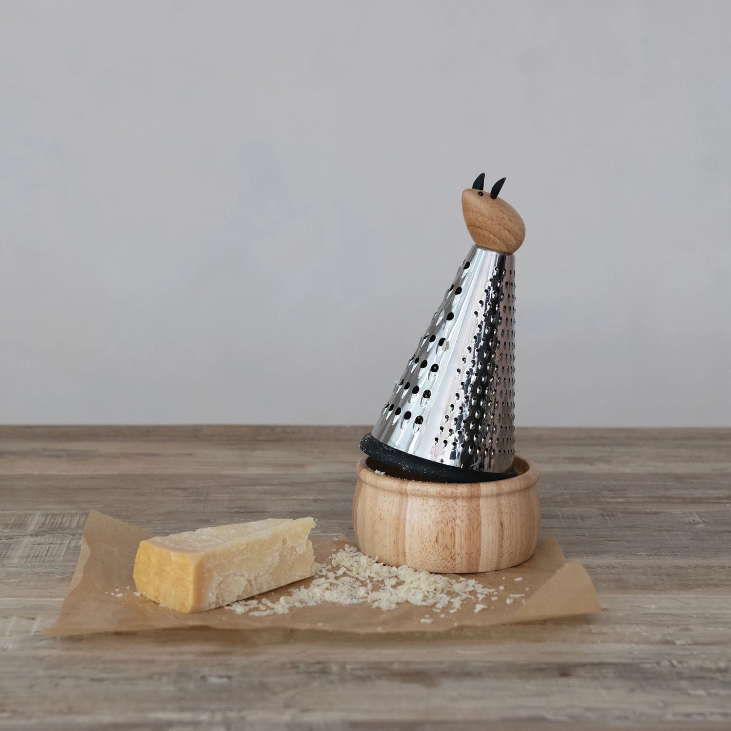 Stainless Steel 3-Sided Grater with Mouse Handle & Rubberwood Base