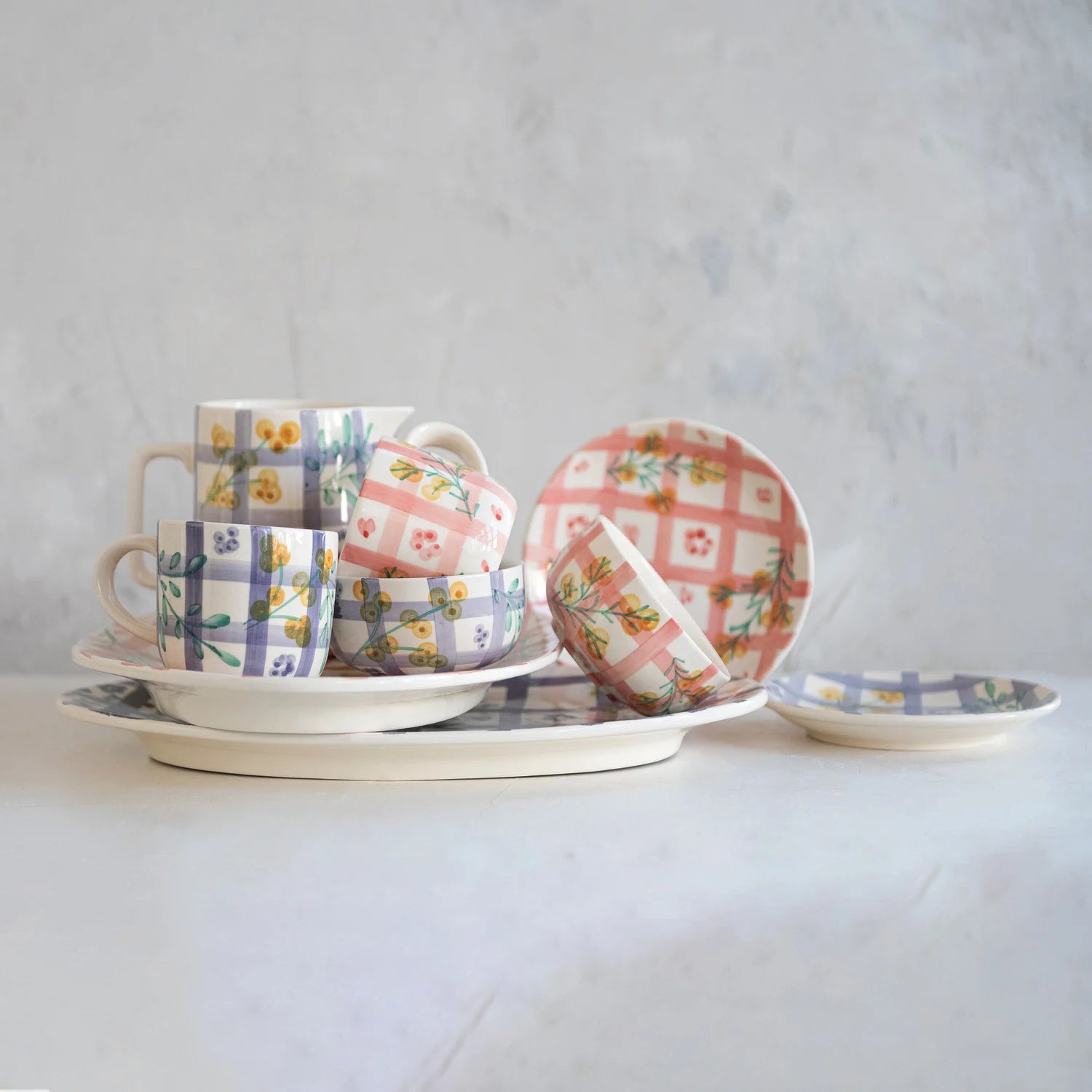 Grid with Botanicals Hand Painted Stoneware Mug