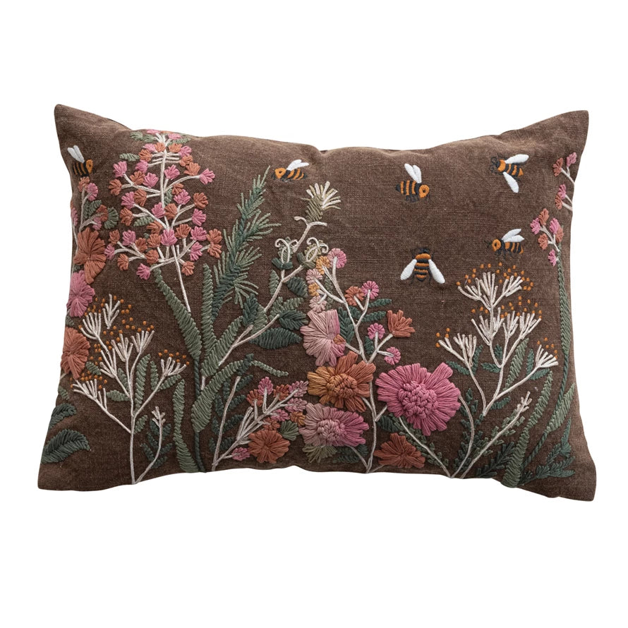 Flowers & Bees Hand Embroidered Lumbar Pillow