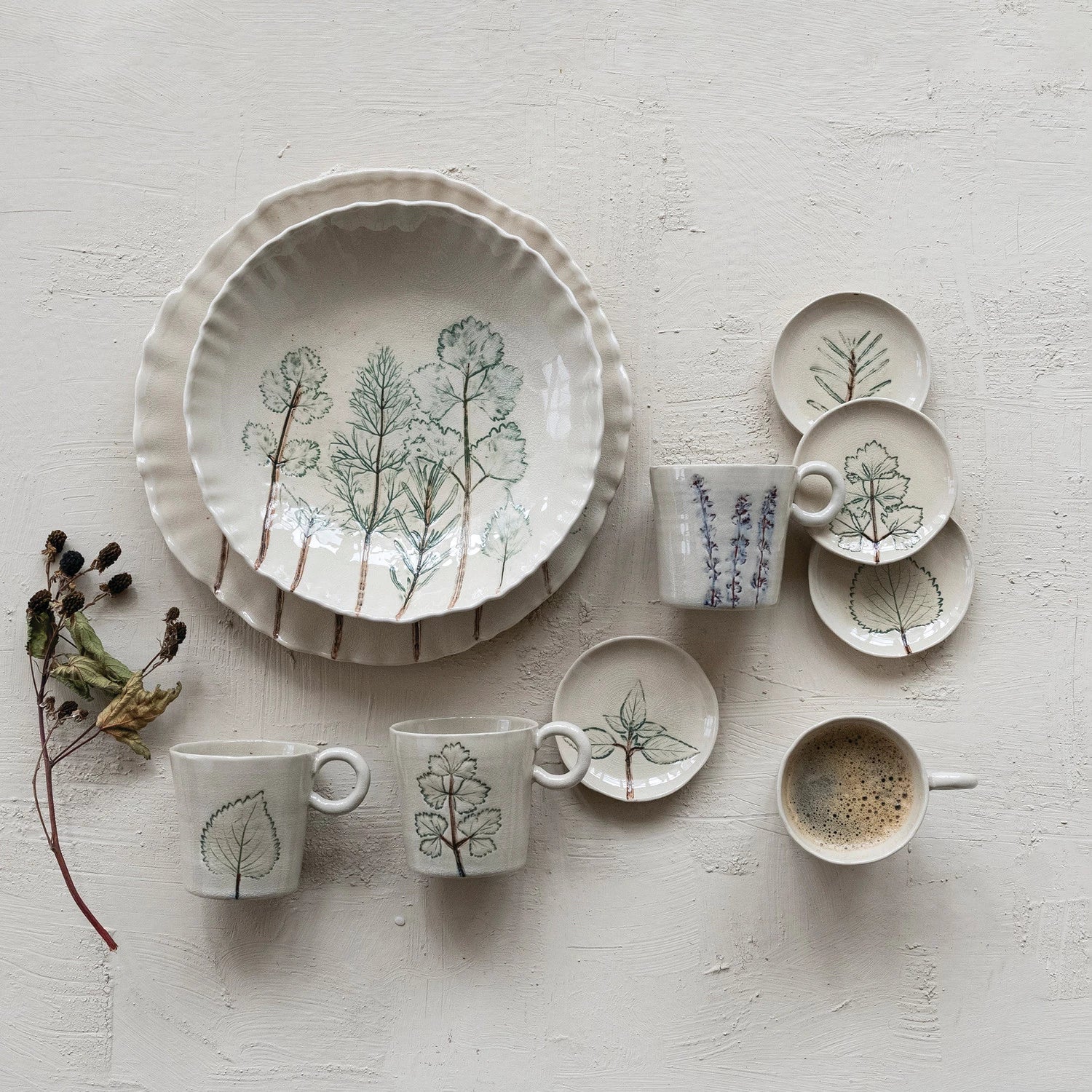 Painted Stoneware Organic Shaped Plate with Botanicals