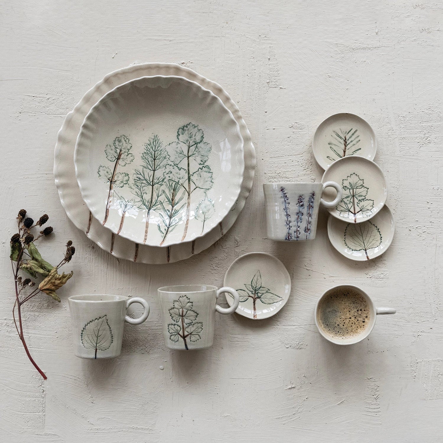 Organic Shaped Low Bowl with Botanicals