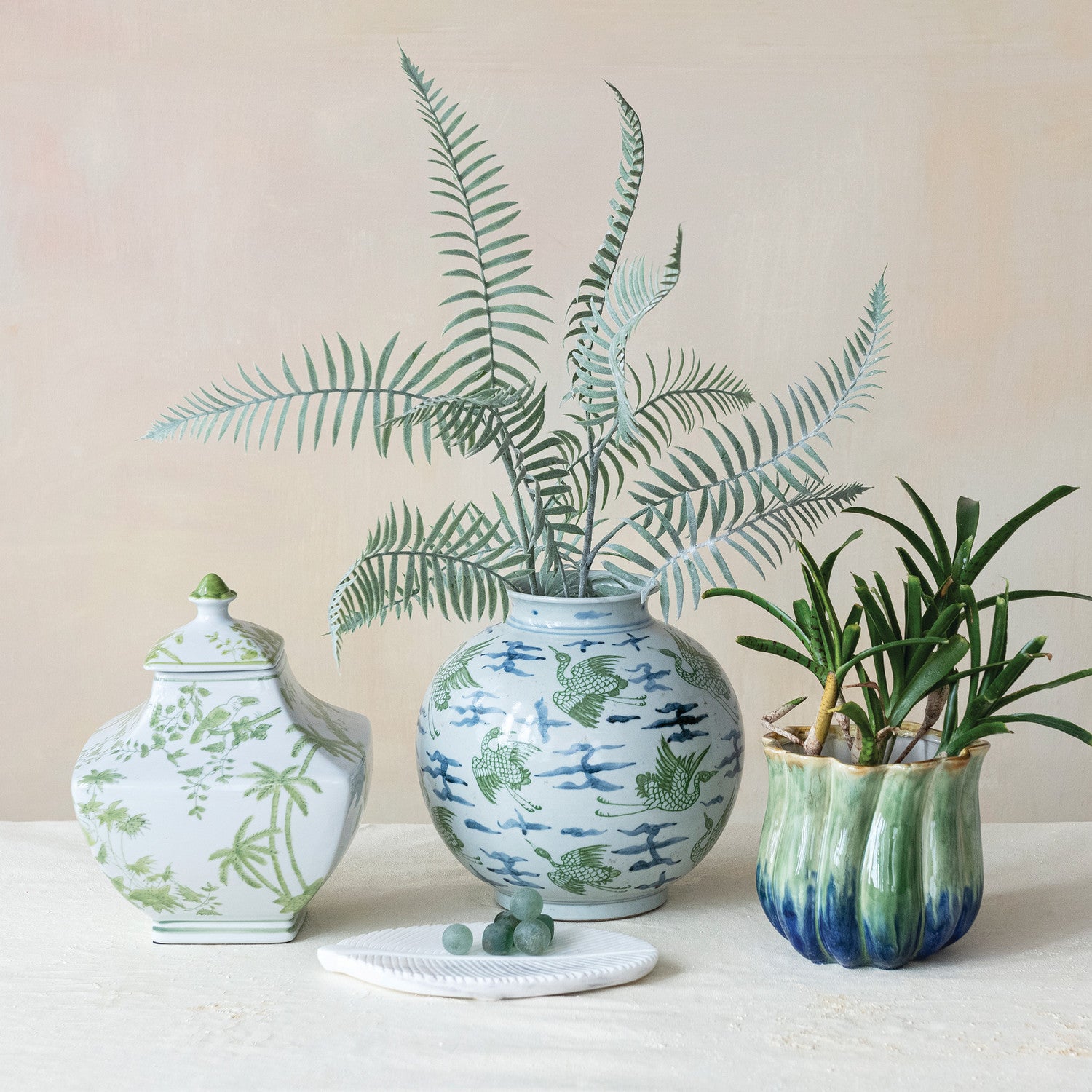Stoneware Two-Tone Fluted Planter, Green & Blue