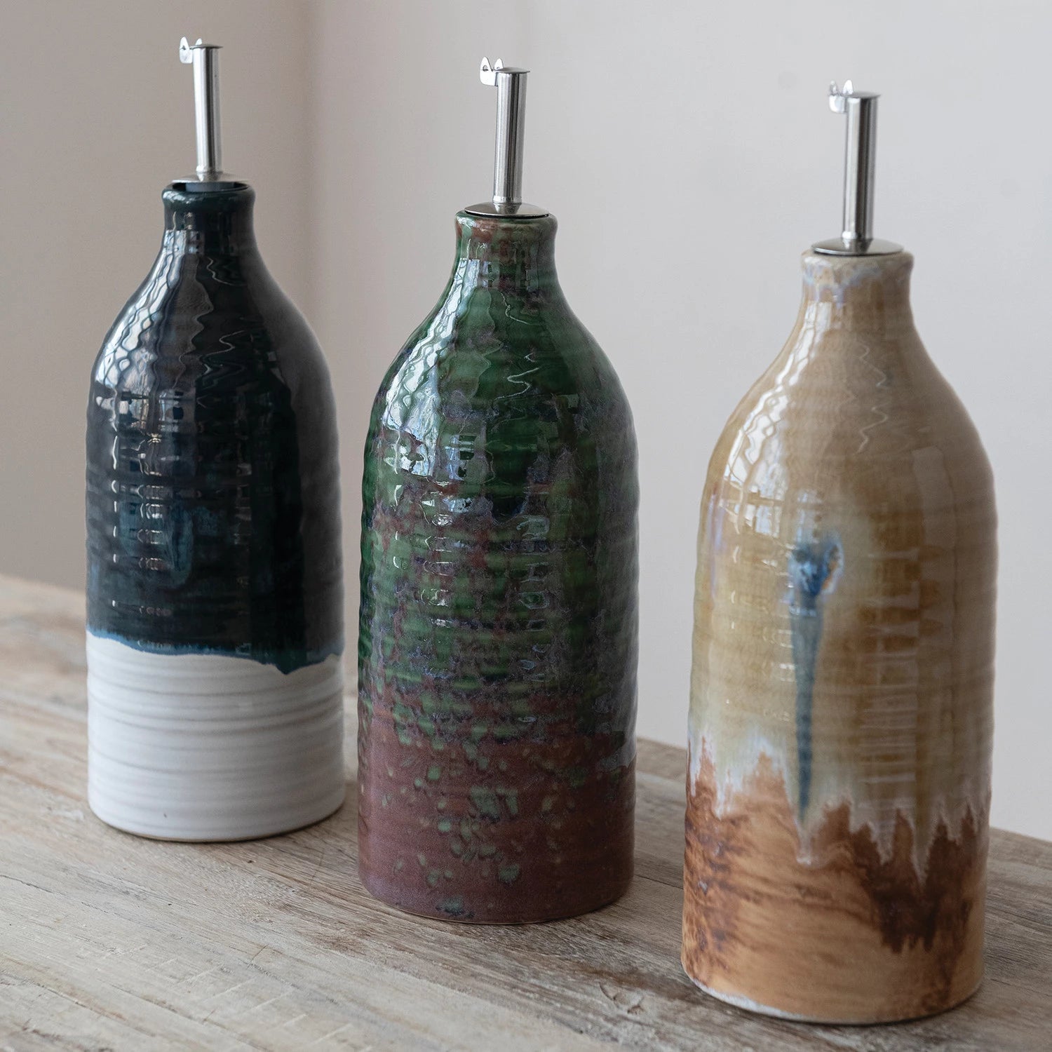 Stoneware Oil Cruet with Stainless Steel Spout