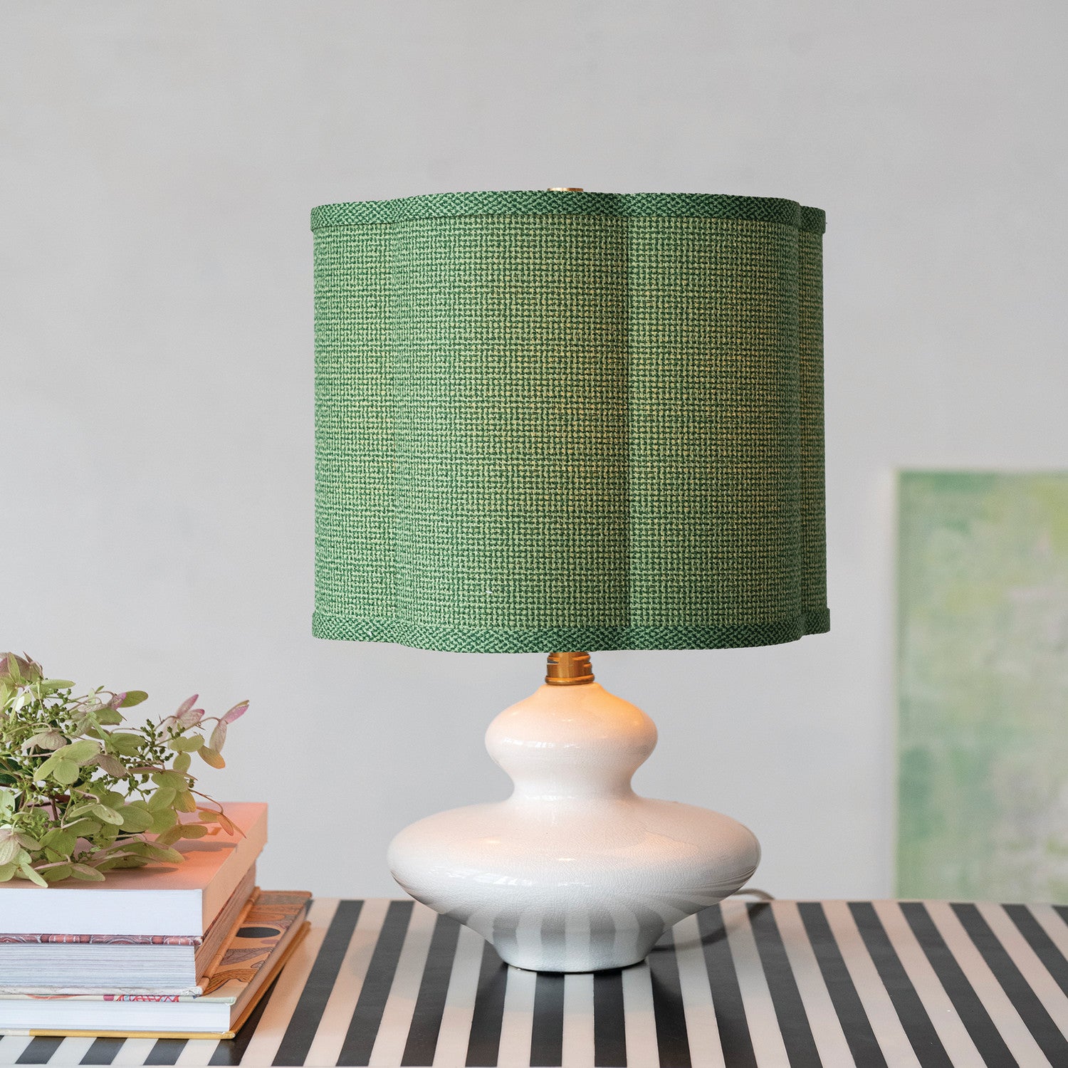 Stoneware Table Lamp with Scalloped Green Fabric Shade, White