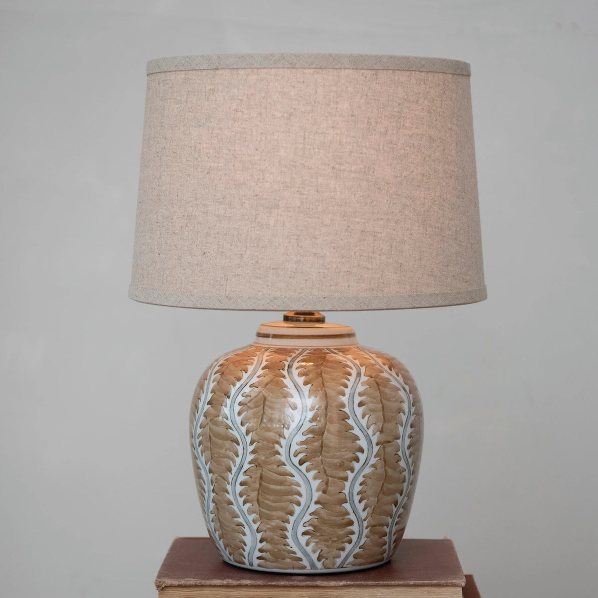 Hand-Painted Stoneware Table Tan & White Lamp with Linen Shade & Inline Switch