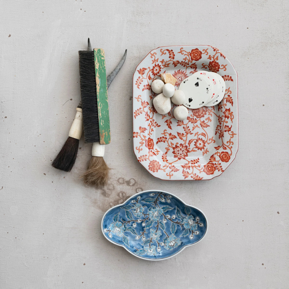 Hand-Painted Stoneware Dish with Wax Relief Flowers