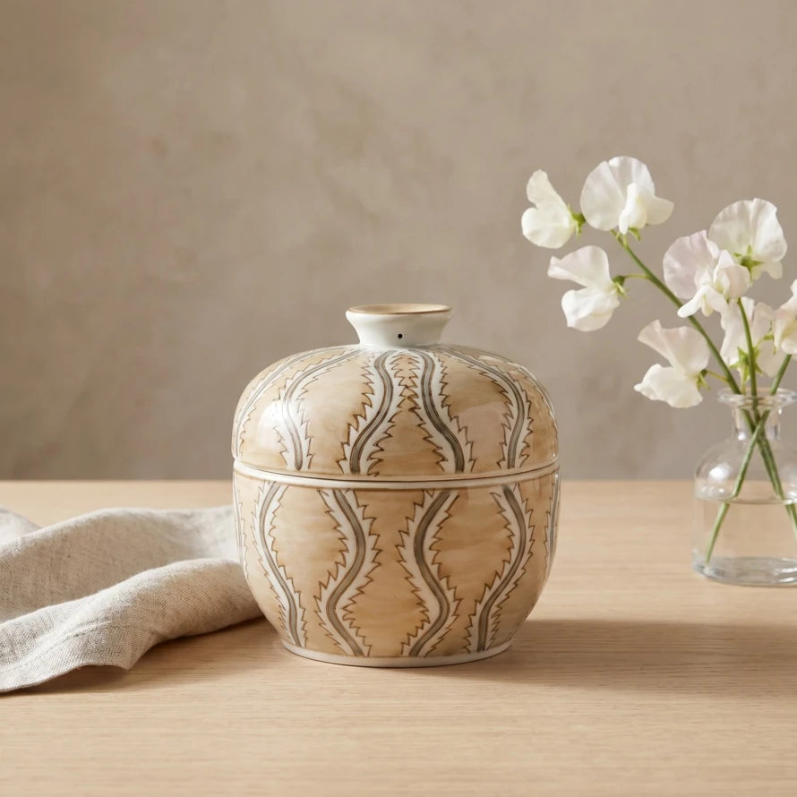 Hand-Painted Stoneware Jar with Design