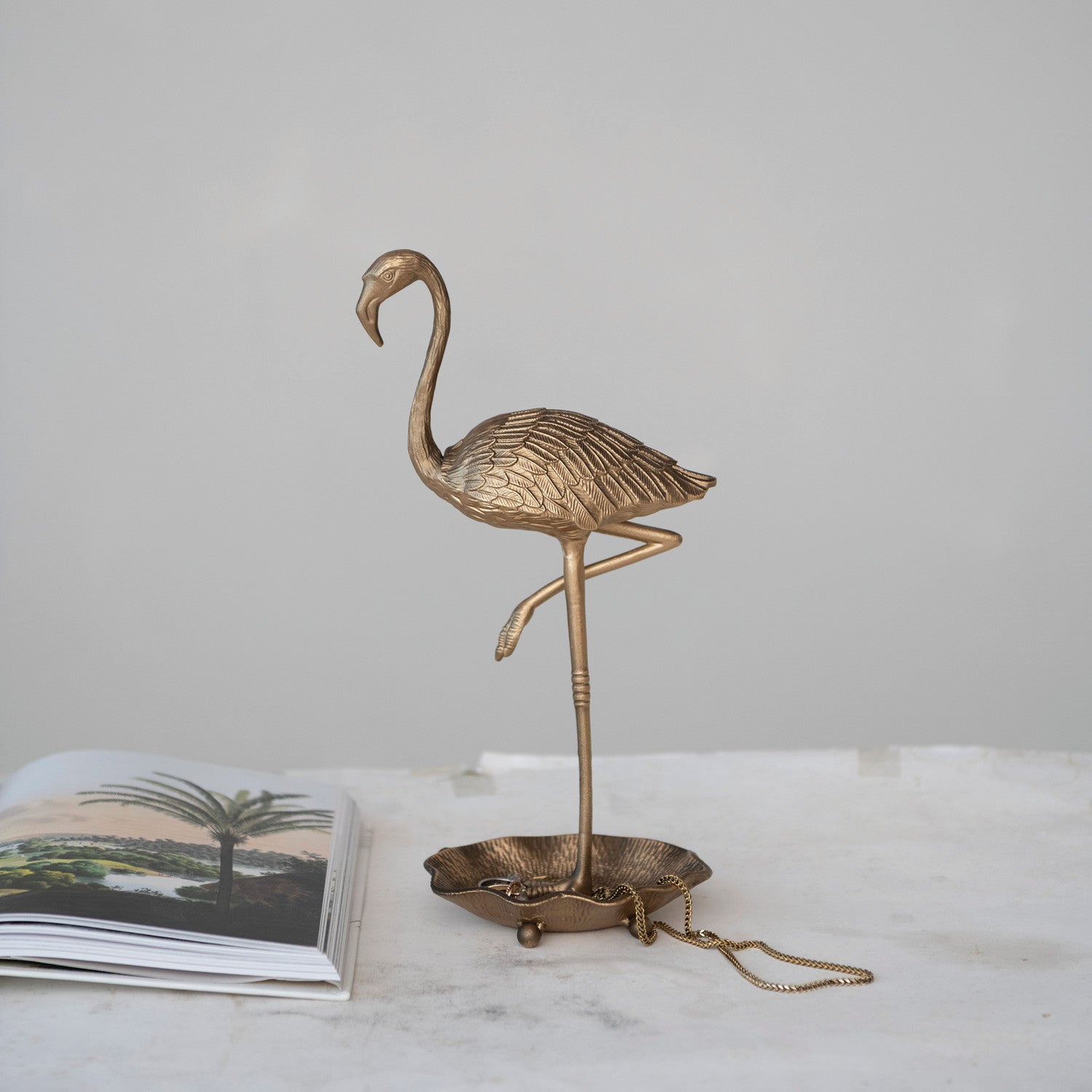 Cast Iron Flamingo Shaped Lidded Figurine in Dish