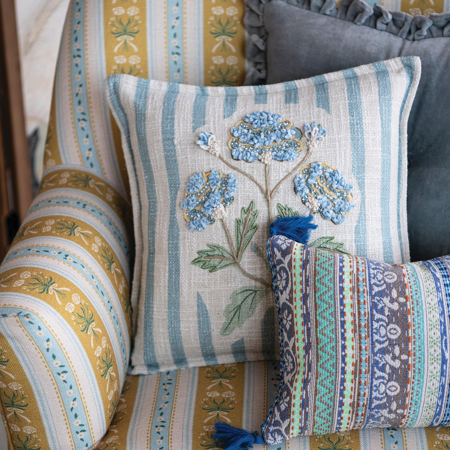 Cotton Printed Striped Pillow with Hand-Embroidery