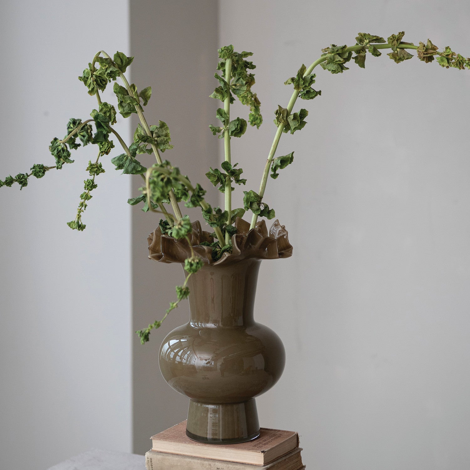 Olive Opaque Glass Footed Ruffled Vase
