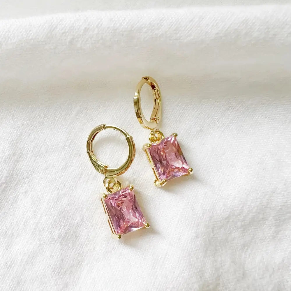 Arden Pink Cz Baguette Huggie Hoops Gold Filled Earrings